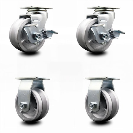 4 Inch V-Groove Semi Steel Caster Set With Roller Bearings 2 Brakes 2 Rigid SCC